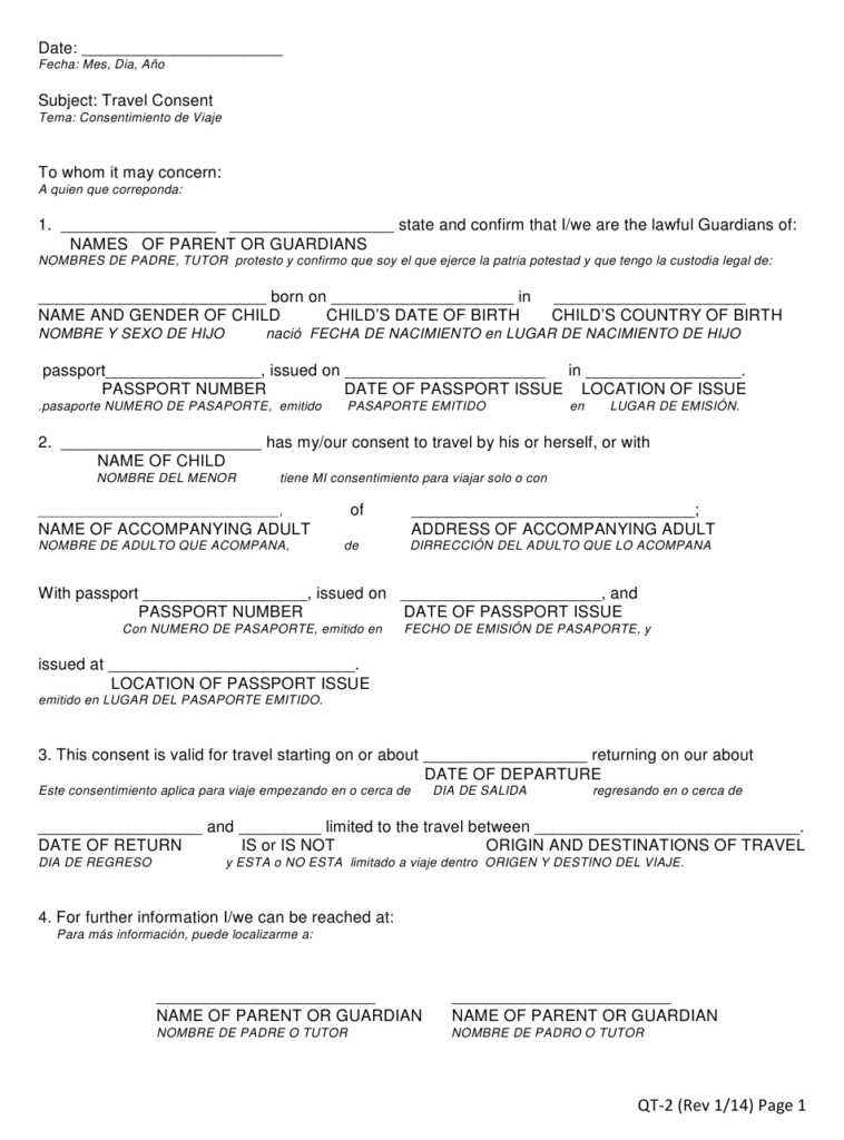 Travel Consent Form Download Printable PDF English Spanish 