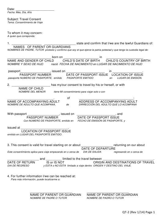 Travel Consent Form Download Printable PDF English Spanish 