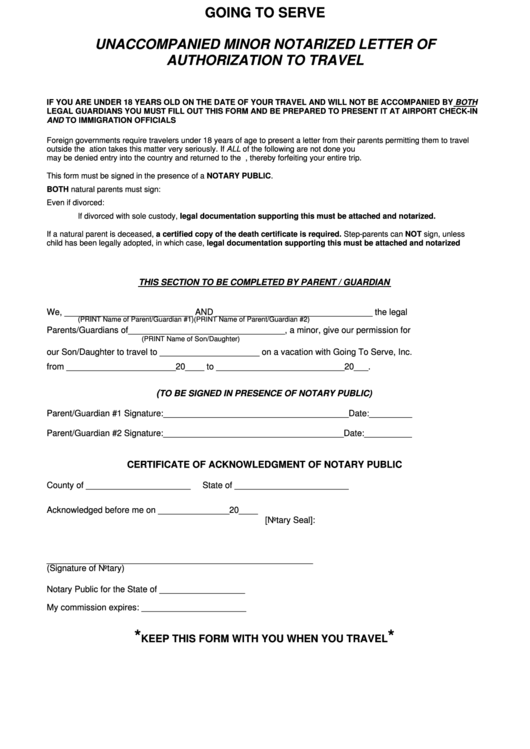 Unaccompanied Minor Notarized Letter Of Authorization To Travel Form 