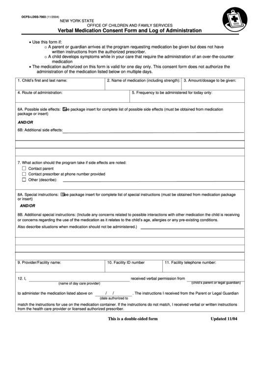 Verbal Medication Consent Form And Log Of Administration New York