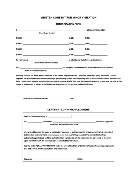 Written Consent For Minor Visitation Authorization Form California 
