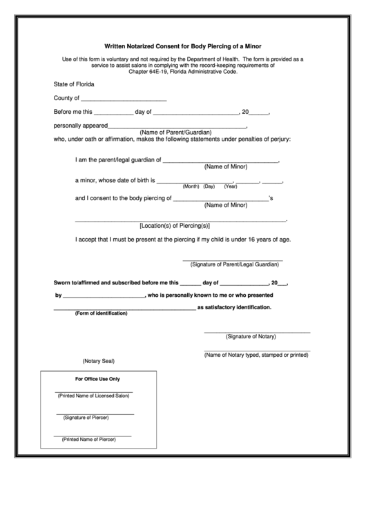 Written Notarized Consent For Body Piercing Of A Minor Printable Pdf 