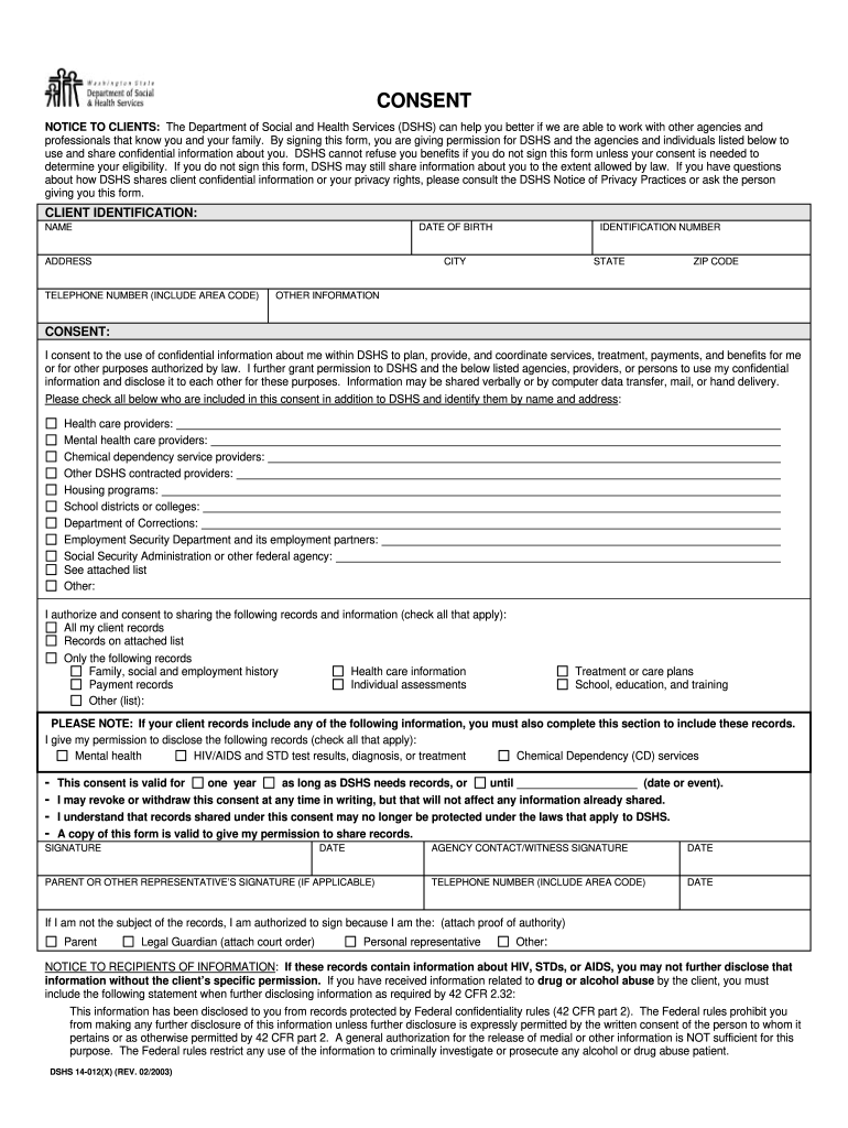 2003 Form WA DSHS 14 012 X Fill Online Printable Fillable Blank 