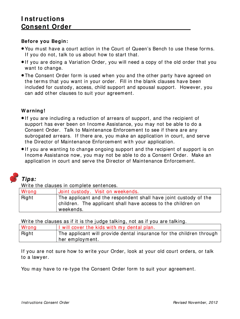 2012 Form Canada Alberta Consent Order For Child Support Fill Online 