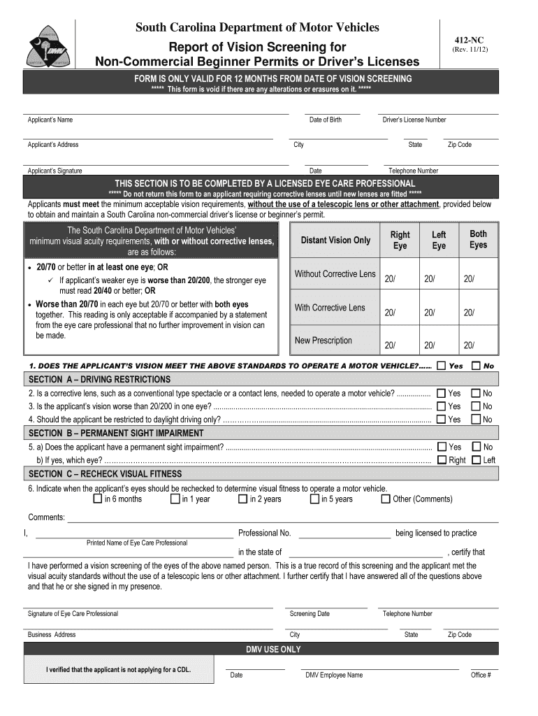 2012 Form SC DMV 412 NC Fill Online Printable Fillable Blank PdfFiller