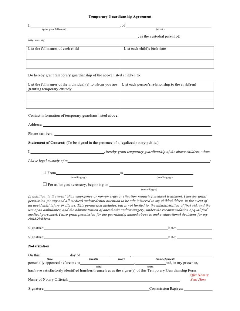 40 Printable Temporary Guardianship Forms All States 