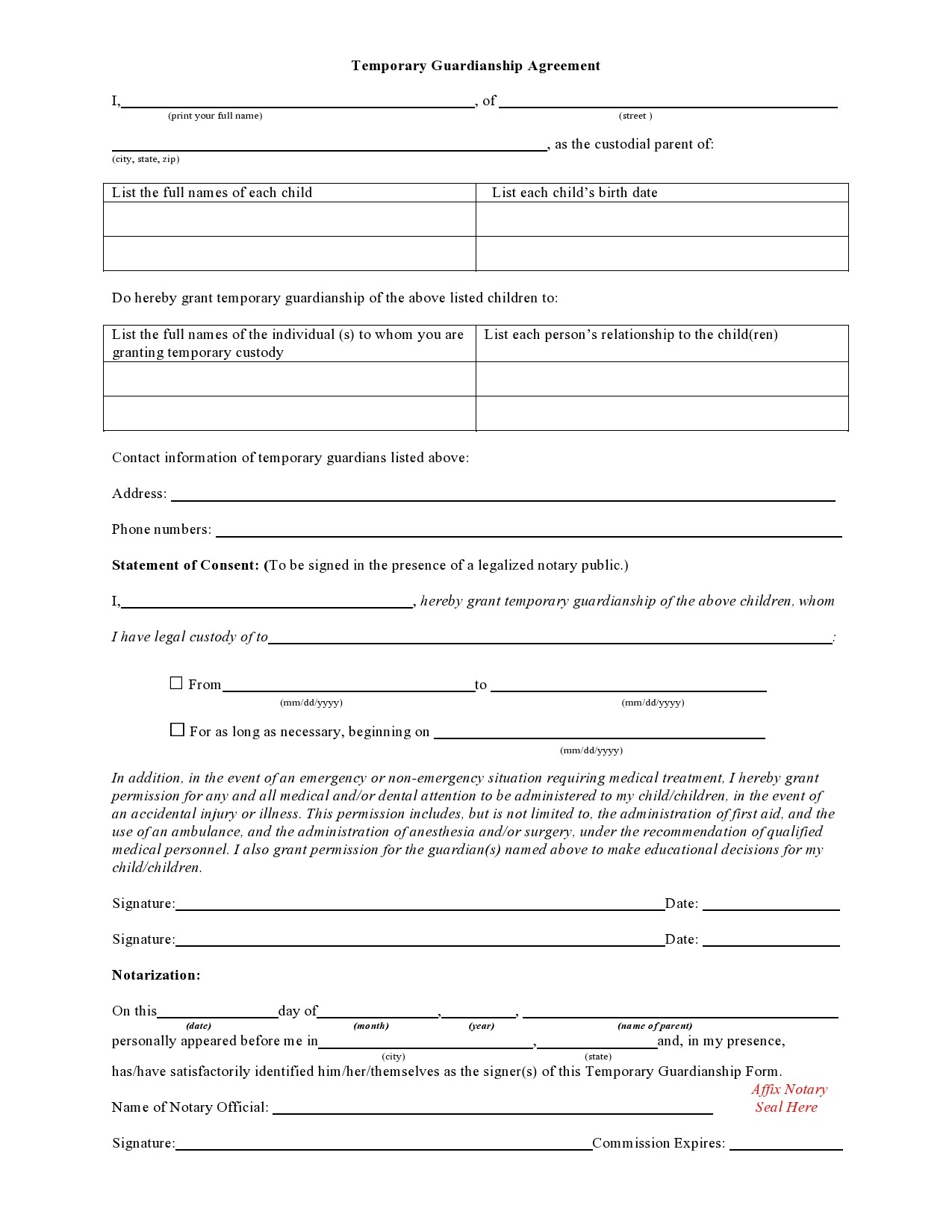 40 Printable Temporary Guardianship Forms All States