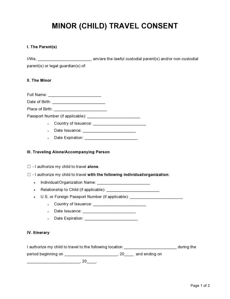 45 Printable Child Travel Consent Forms Word PDF 