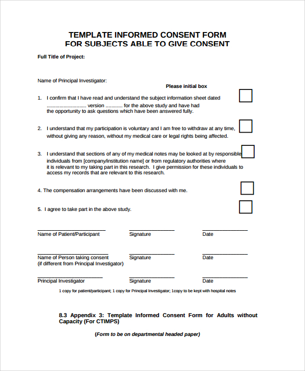 9 Research Consent Form Templates Sample Templates