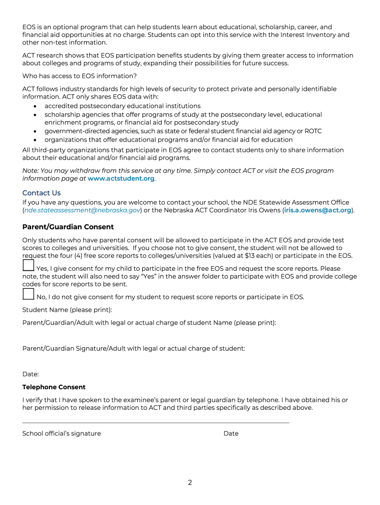 ACT Parental Consent Form Cdn Education Ne Gov Fill Out And Sign