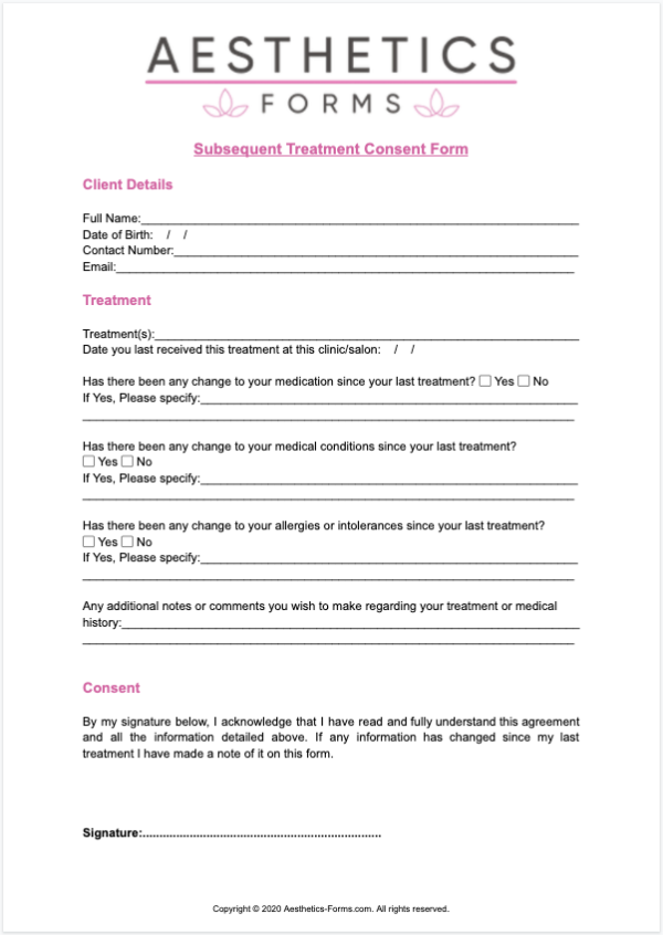 Aesthetics Subsequent Treatment Consent Form Aesthetics Forms