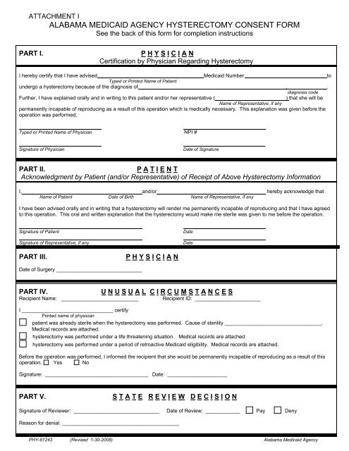 ALABAMA MEDICAID AGENCY HYSTERECTOMY CONSENT FORM