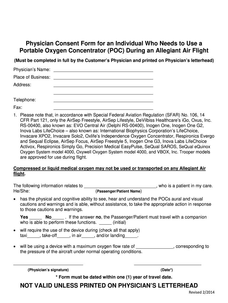 Allegiant Airlines Physician Consent Form For Oxygen Fill Out Sign 