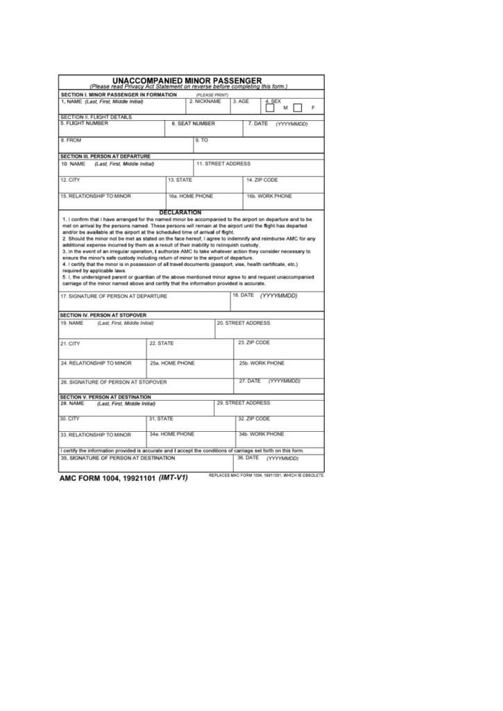 AMC Form 1004 Download Fillable PDF Or Fill Online Unaccompanied Minor 