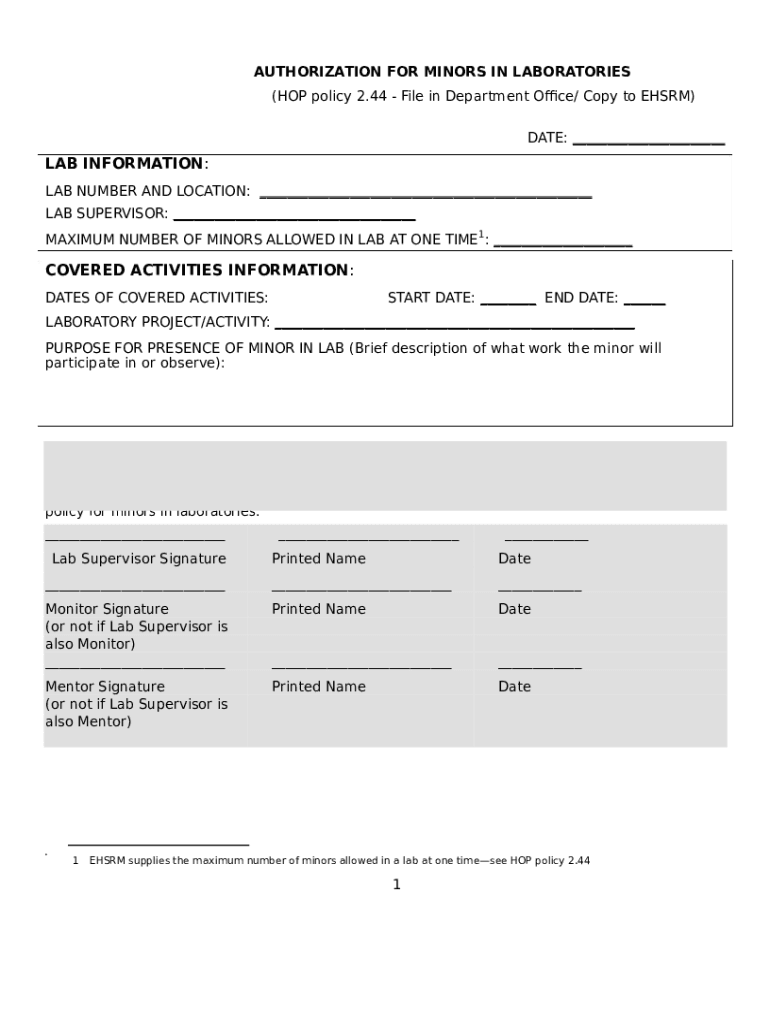 Authorization For Minors In Laboratories UTSA Doc Template PdfFiller