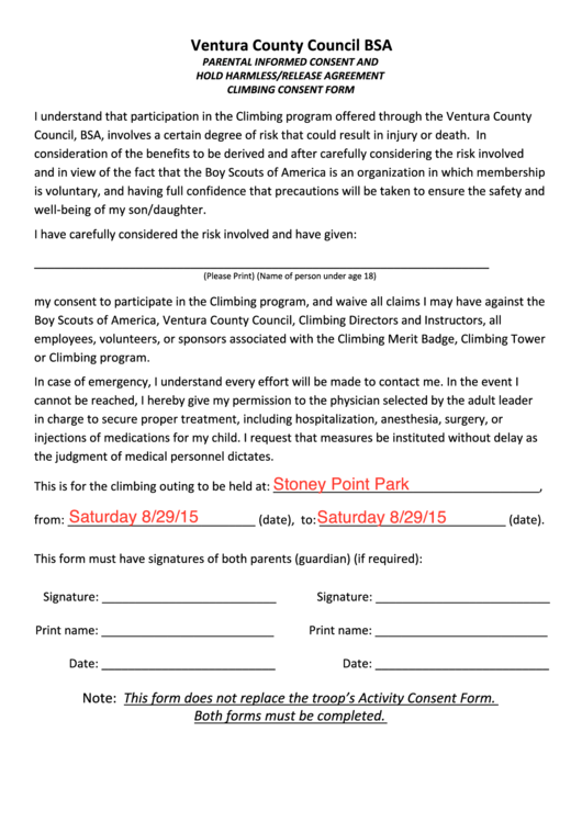 Bsa Climbing Consent Form Parental Informed Consent And Hold Harmless 