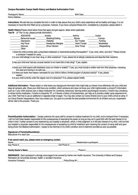 Campus Recreation Camps Health History And Medical Authorization Form 