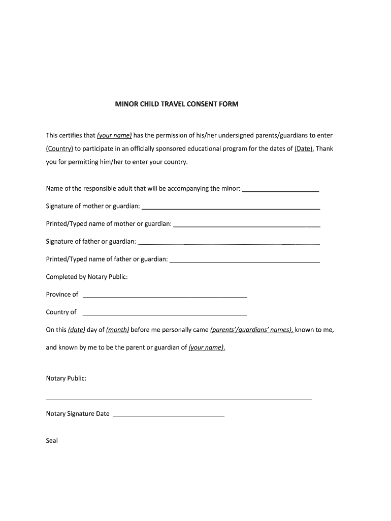 Canada ADRA Minor Child Travel Consent Form Fill And Sign Printable 