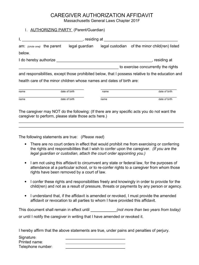 Caregiver Authorization Affidavit Fill Online Printable Fillable 