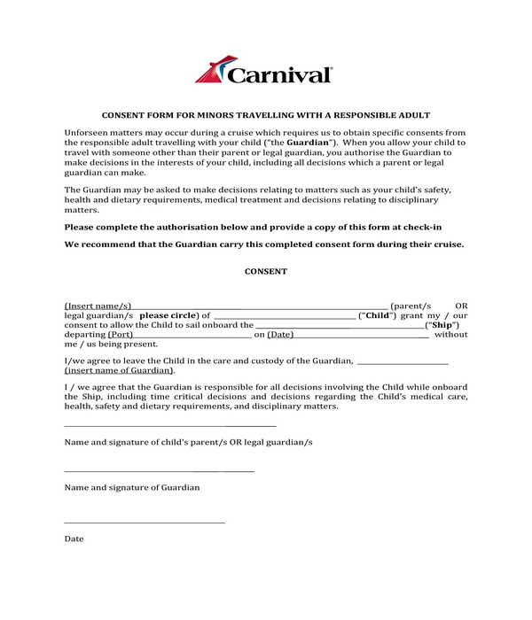 Carnival Cruise Consent Form For Minors Consent Form