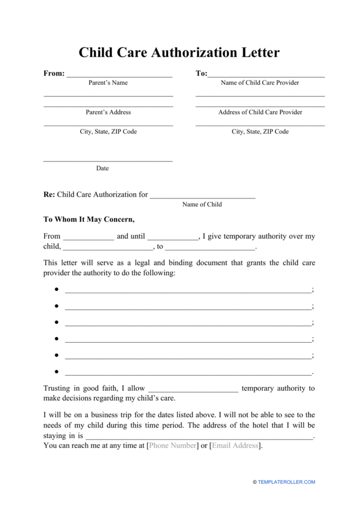 Child Care Authorization Letter Template Download Printable PDF 