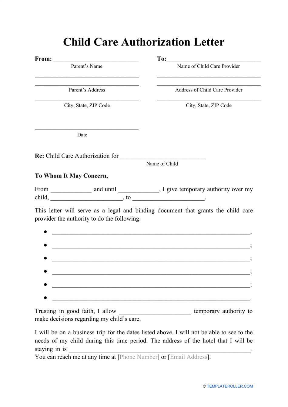 Child Care Authorization Letter Template Download Printable PDF