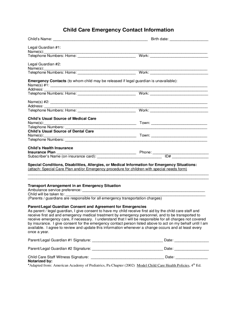 Child Care Emergency Contact Form Indiana Edit Fill Sign Online 