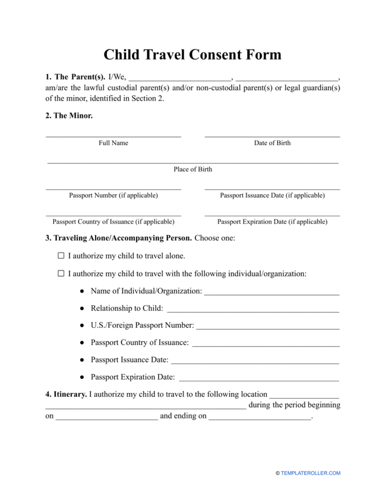 Child Travel Consent Form Download Printable PDF Templateroller
