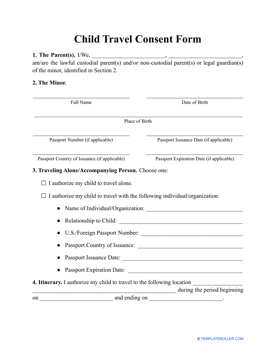 Child Travel Consent Form Download Printable PDF Templateroller