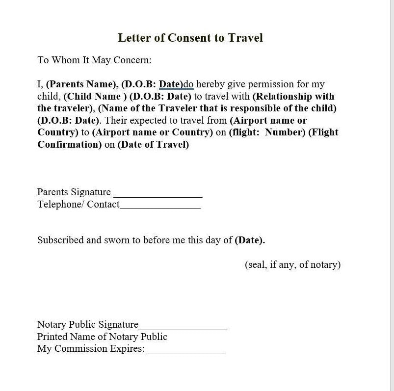 Child Travel Consent Form Template If Need To Be Notarized Etsy UK
