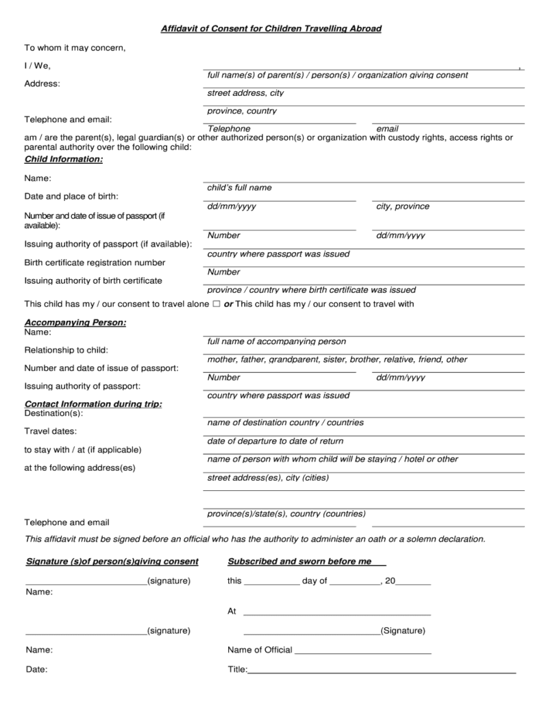 Child Traveling With One Parent Consent Form Fill Online Printable 