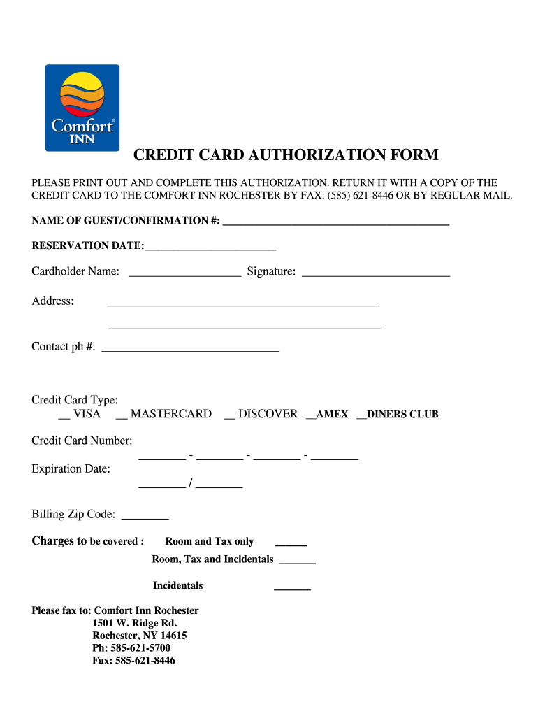 Comfort Inn Credit Card Authorization Form Fill Online Printable 