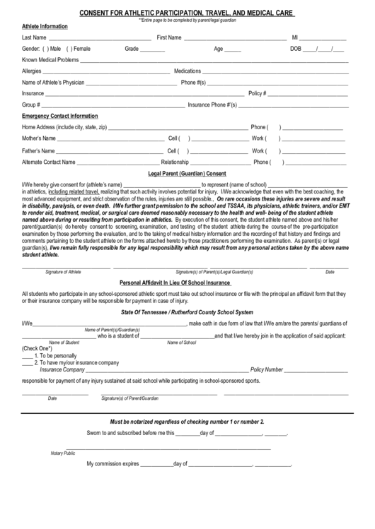 Consent For Athletic Participation Travel And Medical Care Printable 