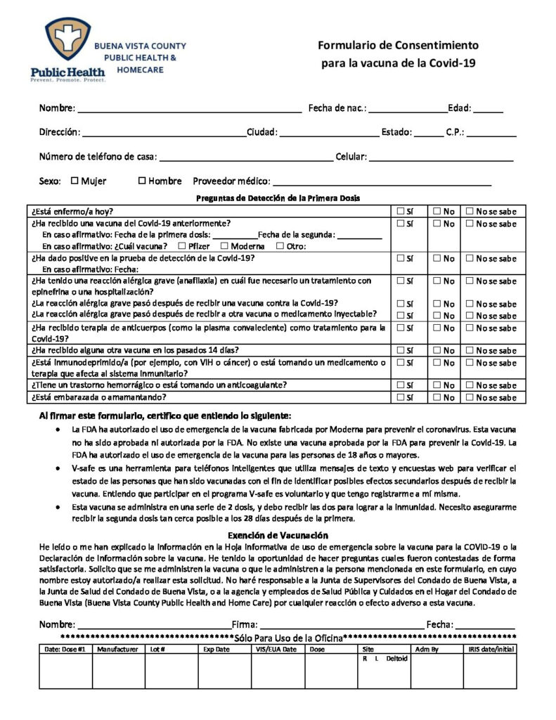 COVID 19 Vaccine Consent Form spanish moderna docx Buena Vista County