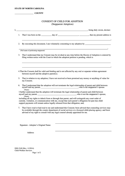 Fillable Consent Of Child For Adoption Stepparent Adoption Printable 