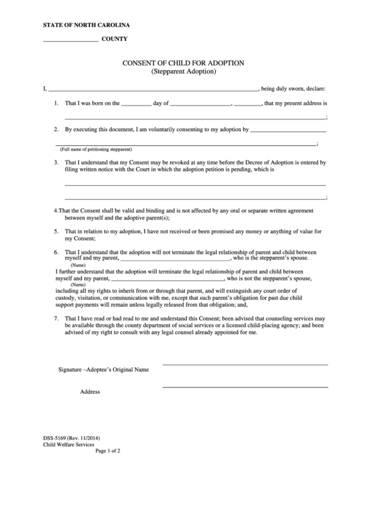 Fillable Consent Of Child For Adoption Stepparent Adoption Printable