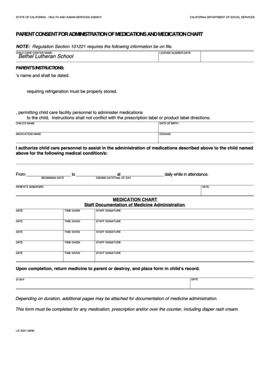 Fillable Form Lic 9221 Parent Consent For Administration Of 