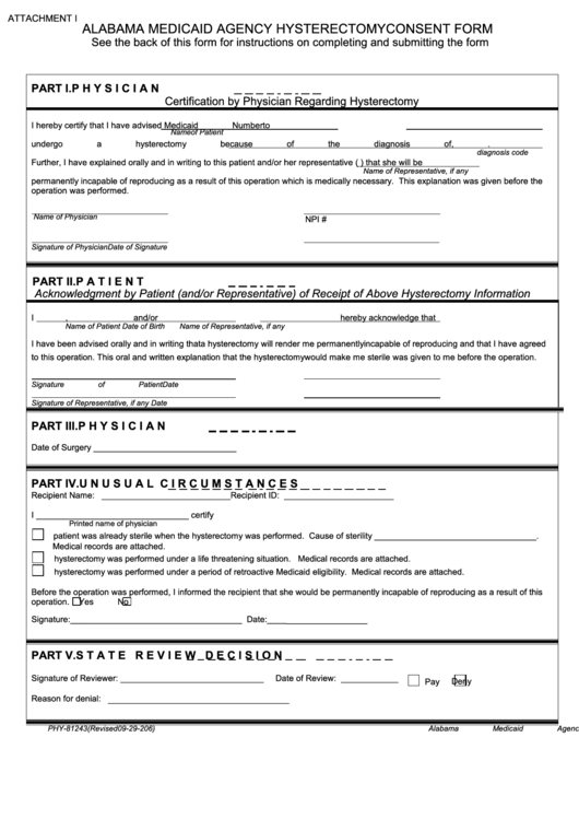 Fillable Form Phy 81243 Alabama Medicaid Agency Hysterectomy Consent 
