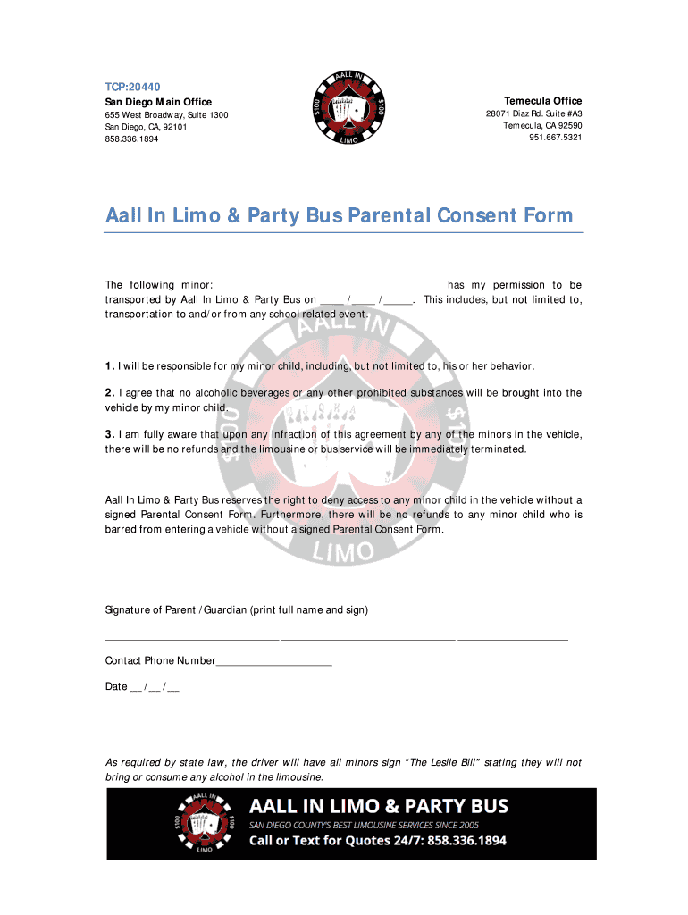 Fillable Online Aall In Limo Party Bus Parental Consent Form Fax 