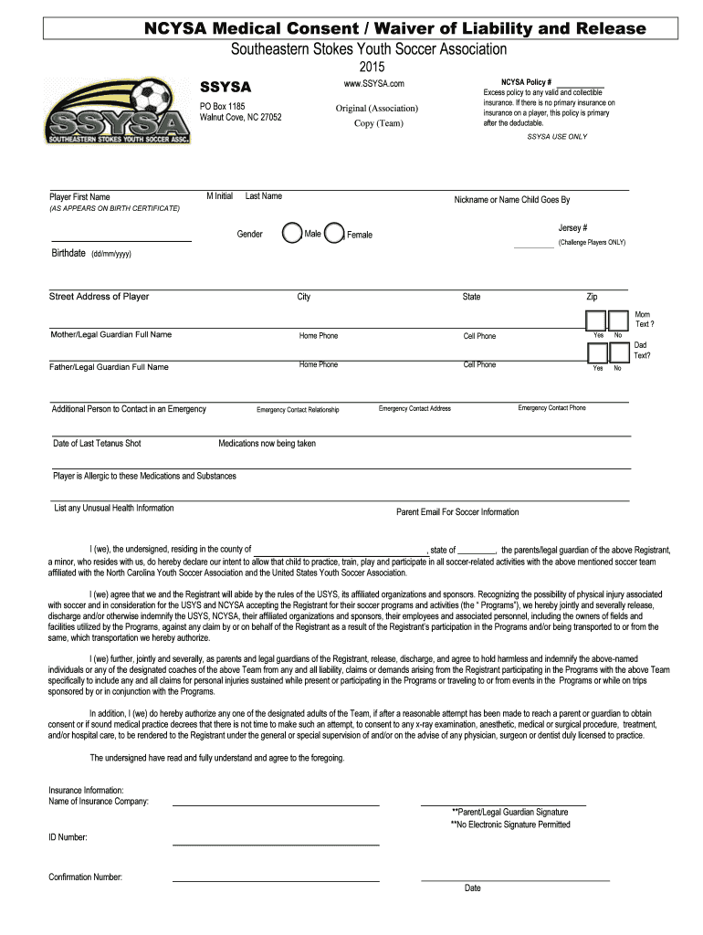 Fillable Online NCYSA Medical Consent Waiver Of Liability And Release 