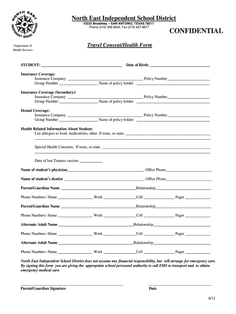 Fillable Online Neisd Medication Addendum To Parent Travel Consent Form