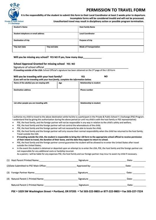 Fillable Permission To Travel Form Oregon Printable Pdf Download