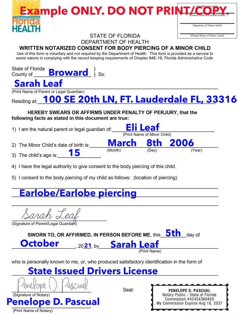 Florida Minor Consent Form For Piercing Printable Form Templates And 