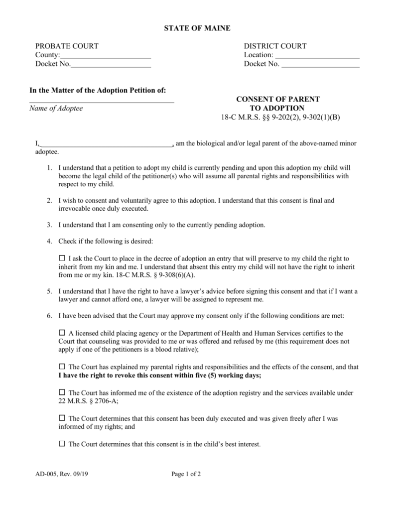 Form AD 005 Download Fillable PDF Or Fill Online Consent Of Parent To 