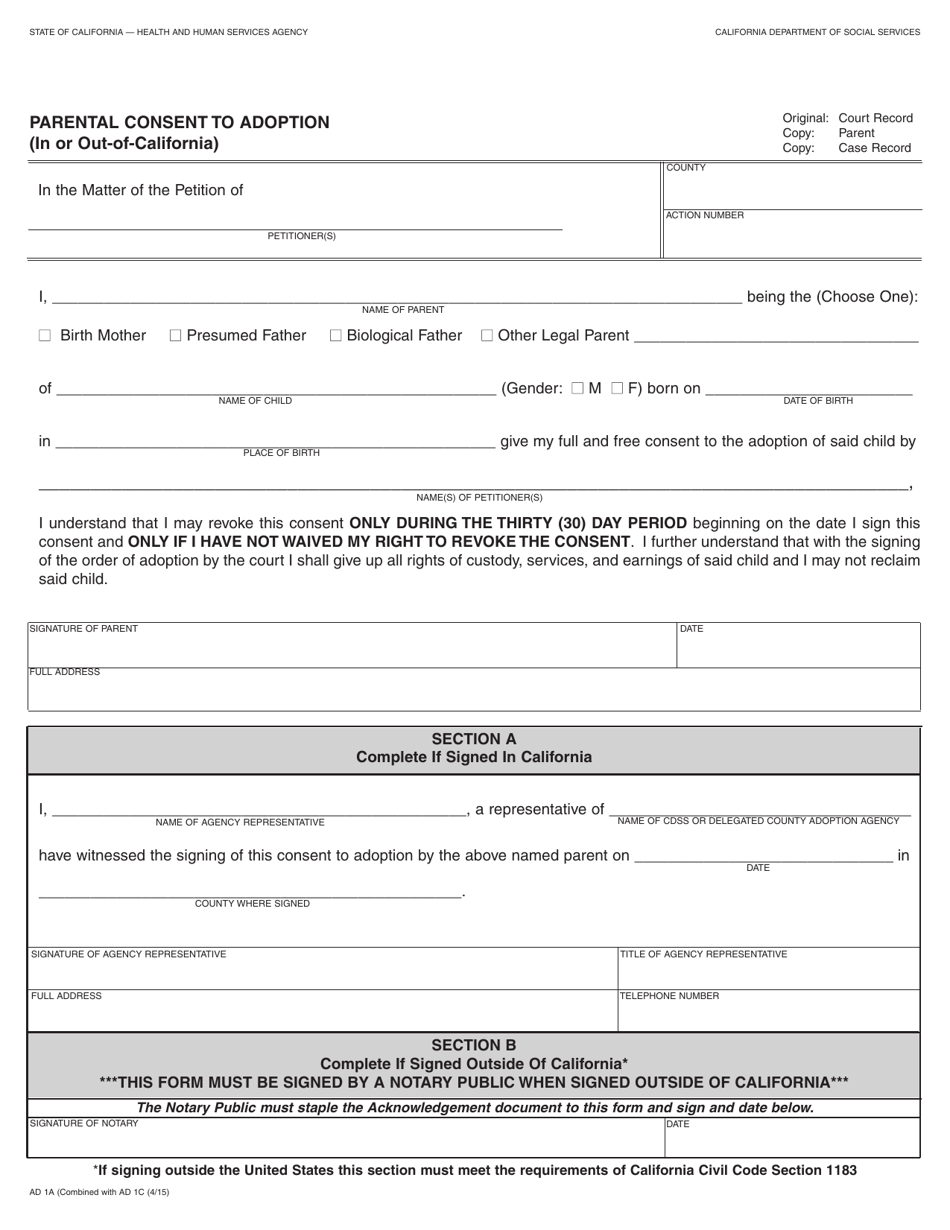 Form AD1A Download Fillable PDF Or Fill Online Parental Consent To