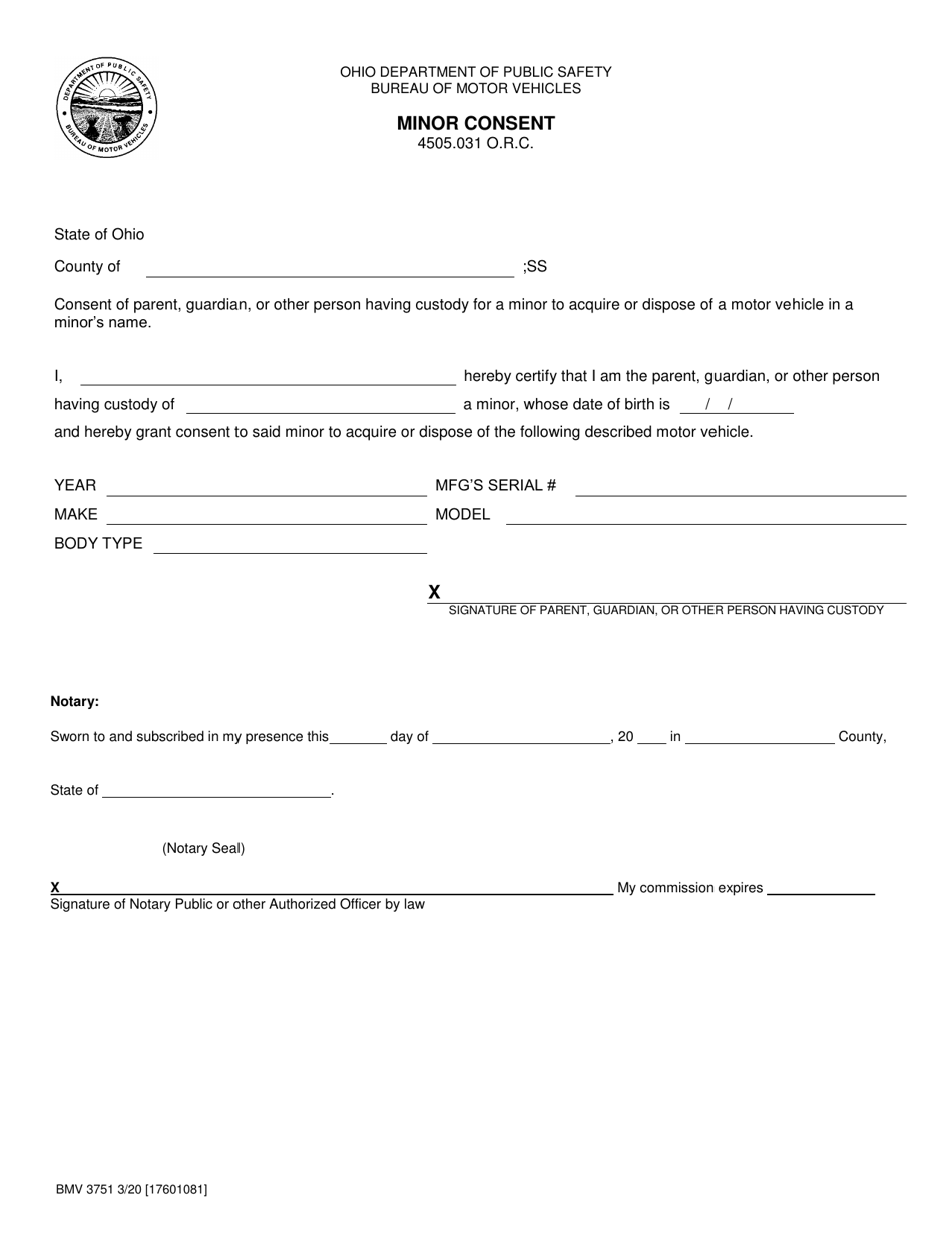 Form BMV3751 Download Printable PDF Or Fill Online Minor Consent Ohio