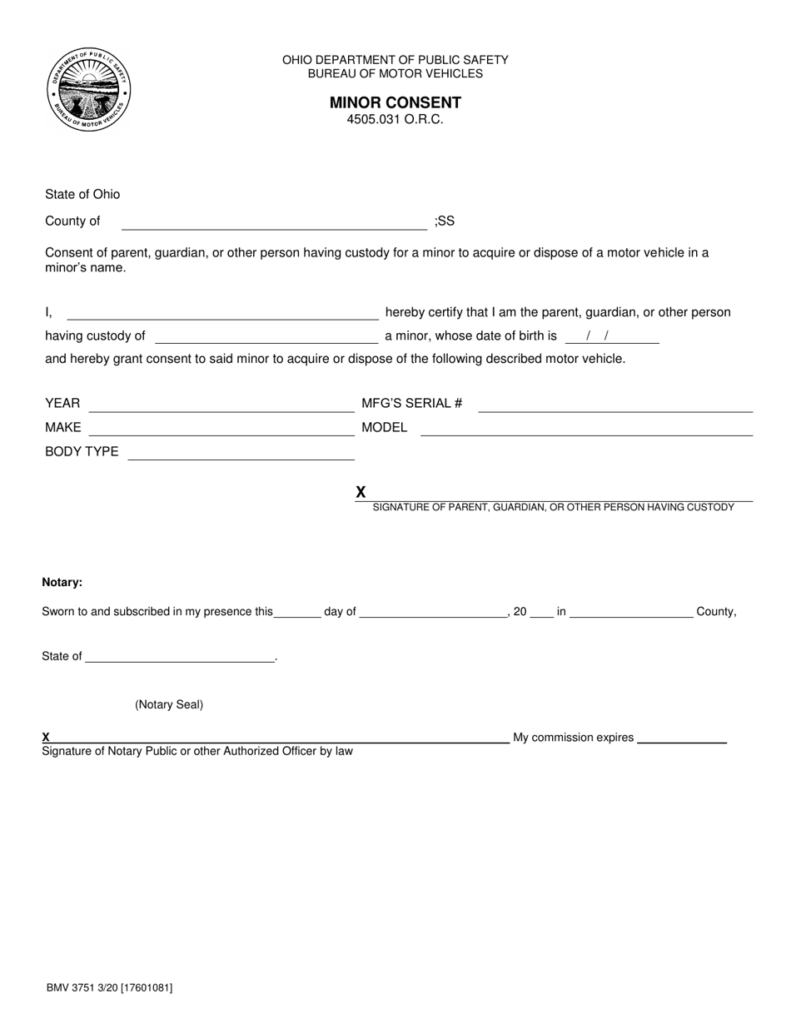 Form BMV3751 Download Printable PDF Or Fill Online Minor Consent Ohio 