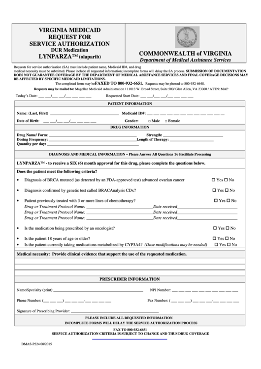 Form Dmas P224 Virginia Medicaid Request For Service Authorization 