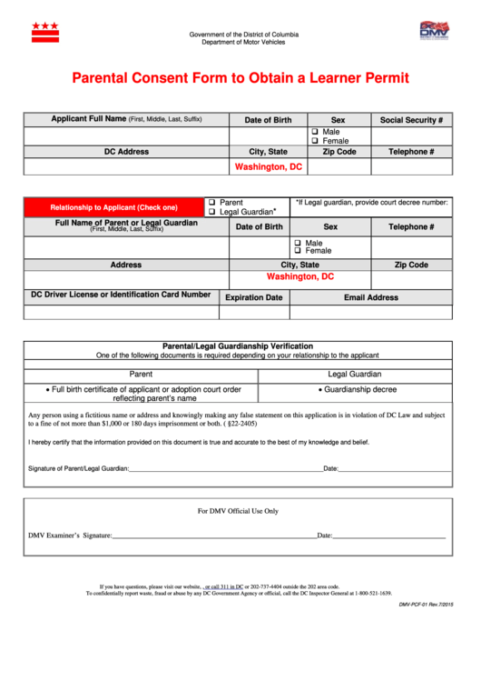 Form Dmv Pcf 01 Parental Consent Form To Obtain A Learner Permit