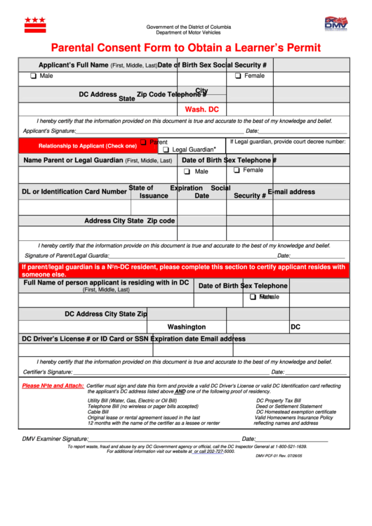 Form Dmv Pcf 01 Parental Consent Form To Obtain A Learner S Permit 